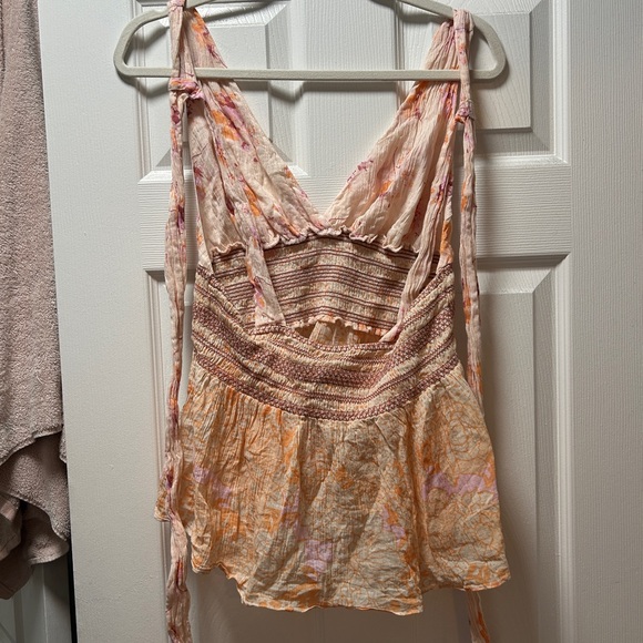 Free People Floral Halter Tank Top - Pink and Orange Brinkley Smocked - Picture 9 of 13